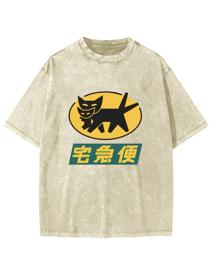Japanese Abstract Cat Pattern Vintage Distressed T-shirt-Zazasy