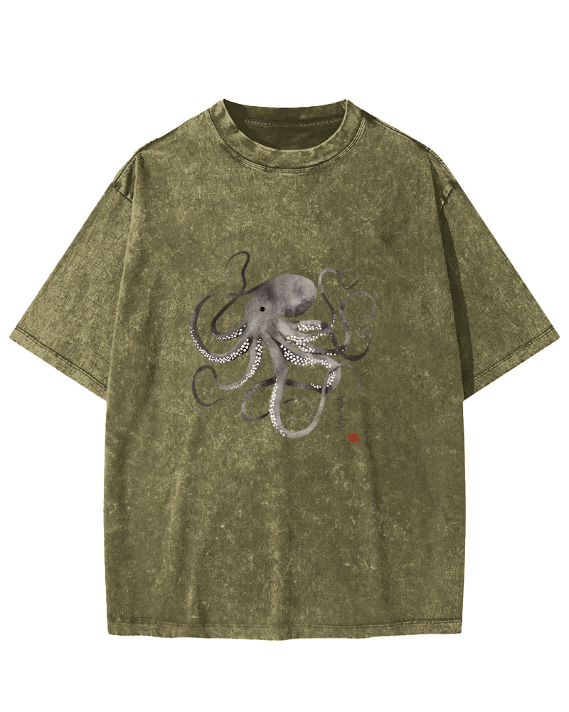 Japanese Octopus Pattern Vintage Distressed T-shirt-Zazasy