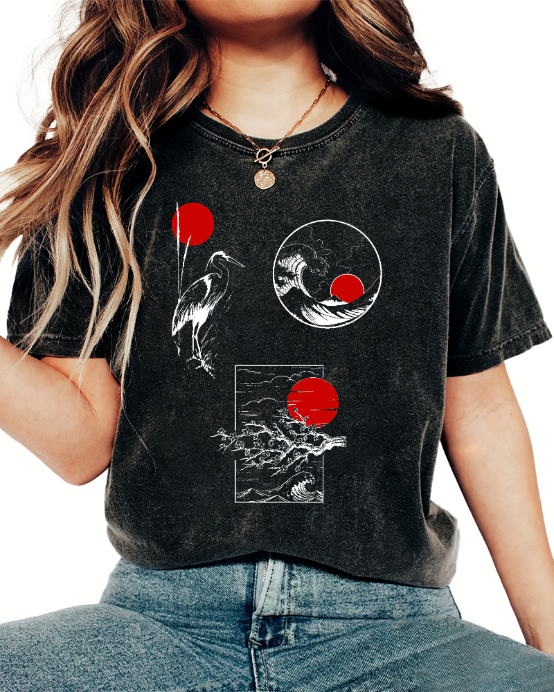 Sunrise Scenery in Japan Vintage Washed T-shirt-Zazasy