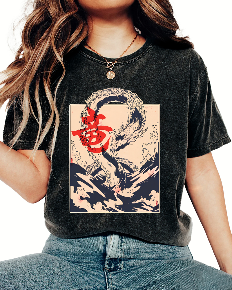 Retro Water God Dragon Pattern Japanese Style Vintage Distressed T-shirt-Zazasy