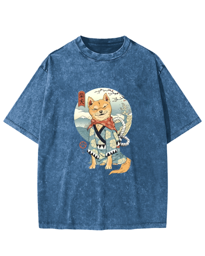 Samurai Shiba Dog Japanese Washed T-Shirt-Zazasy