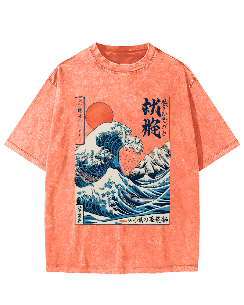 Ukiyo-e ocean Waves Vintage Washed T-shirt-Zazasy