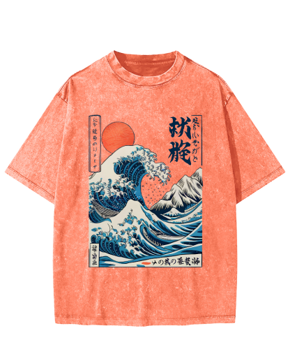 Ukiyo-e ocean Waves Vintage Washed T-shirt-Zazasy