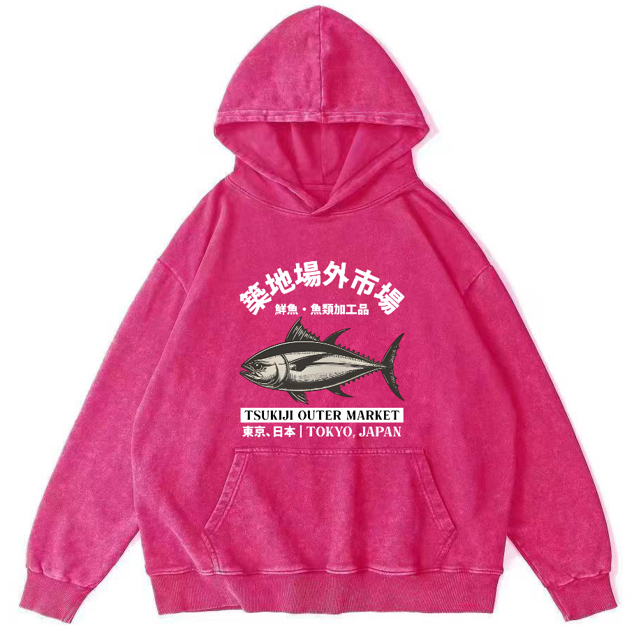 Japanese Seafood Market Tuna Vintage Distressed Hoodie-Zazasy