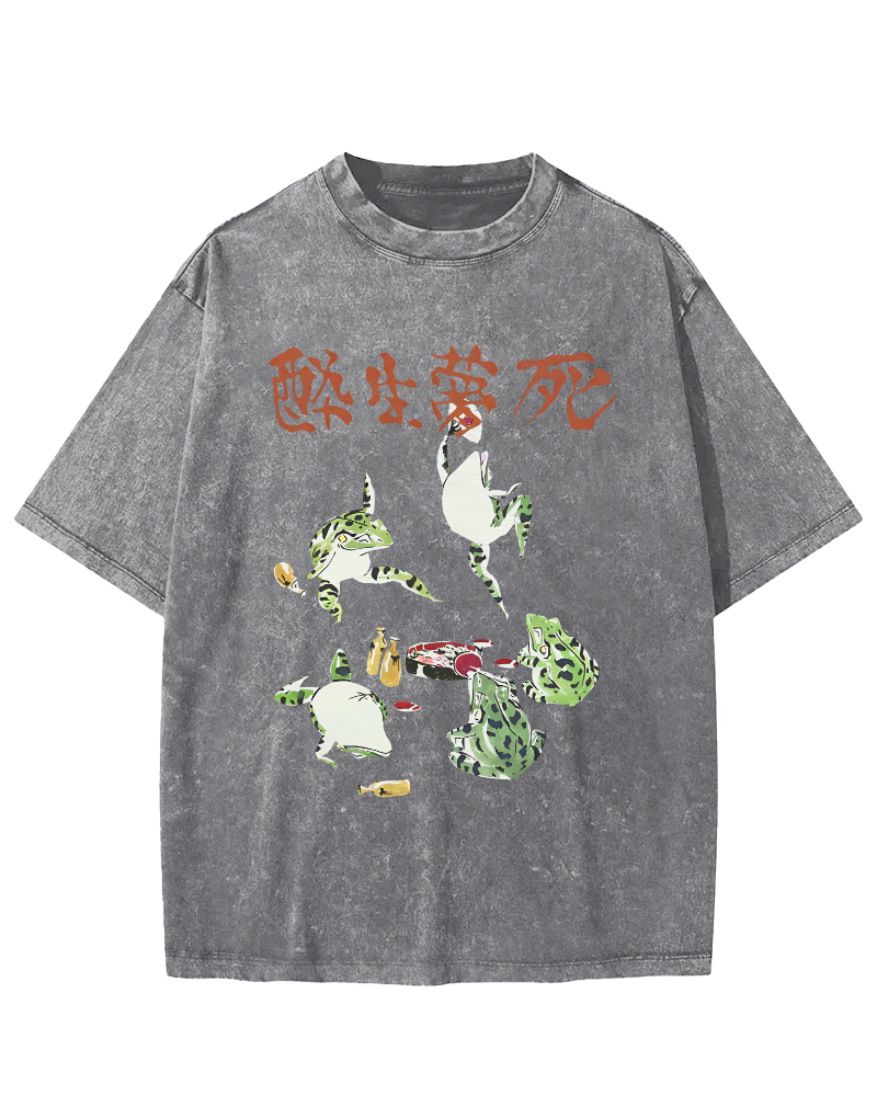 Drunk and Dreaming Frog, Japanese Style Vintage Washed T-shirt-Zazasy