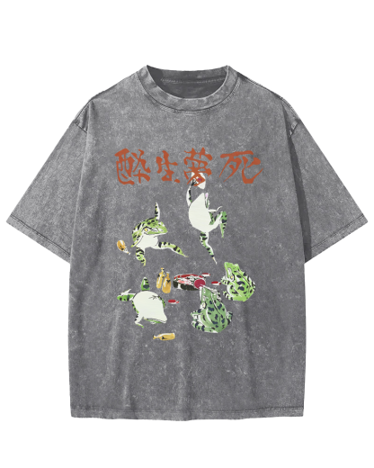 Drunk and Dreaming Frog, Japanese Style Vintage Washed T-shirt-Zazasy