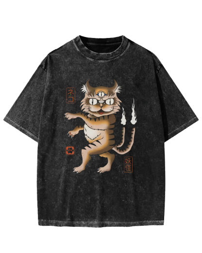 Cat Monster Japanese Vintage Washed T-shirt-Zazasy