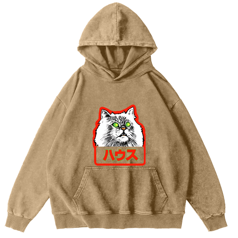 Residential White Cat Japanese Washed Hoodie-Zazasy