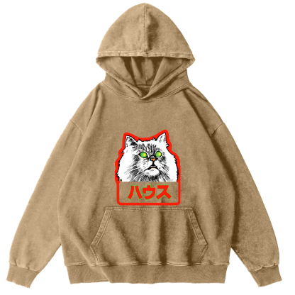 Residential White Cat Japanese Washed Hoodie-Zazasy