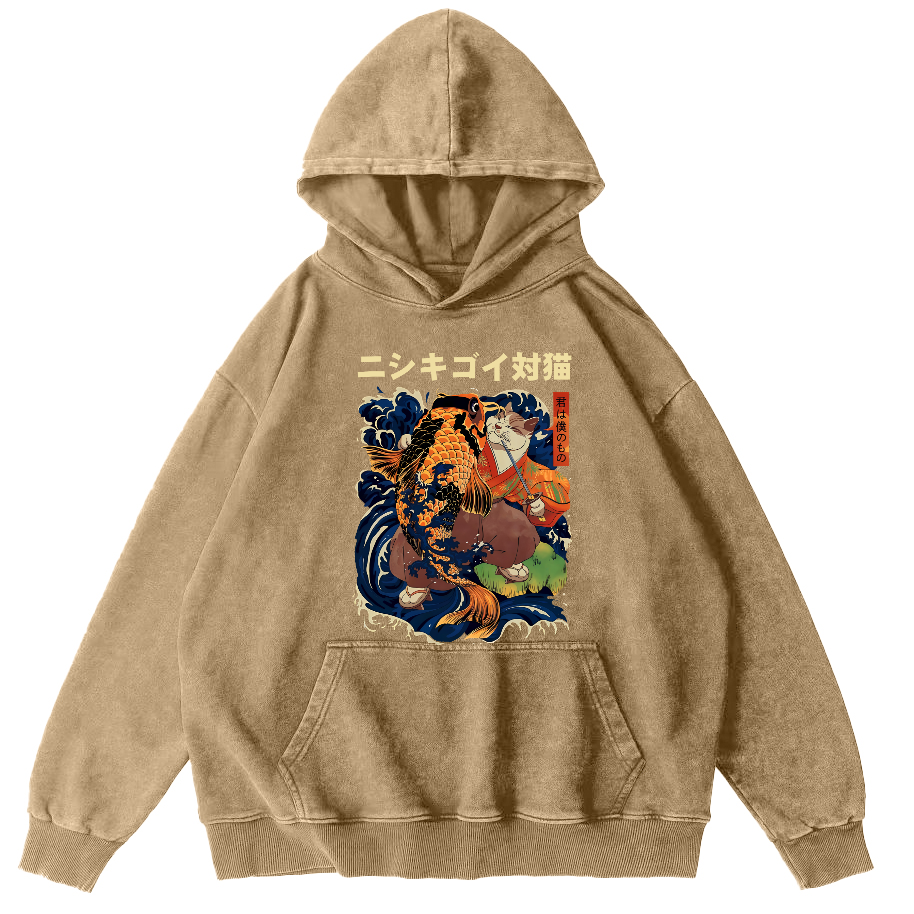 Koi and Cat Japanese Style Vintage Distressed Hoodie-Zazasy