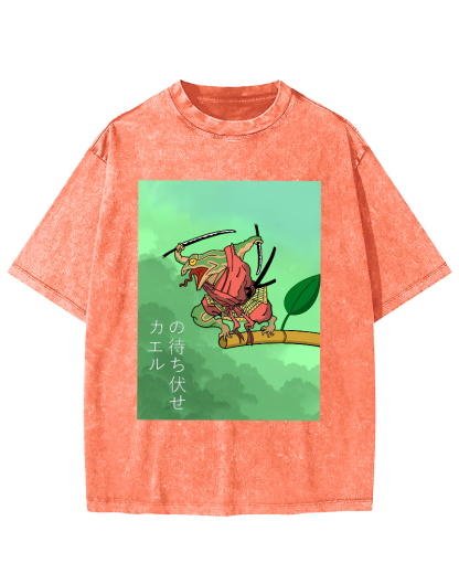 Frog Guardian Japanese Style Vintage Washed T-shirt-Zazasy