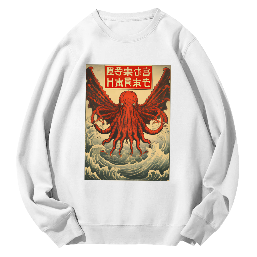 The Japanese style octopus monster in the huge waves Round Neck Sweatshirt-Zazasy