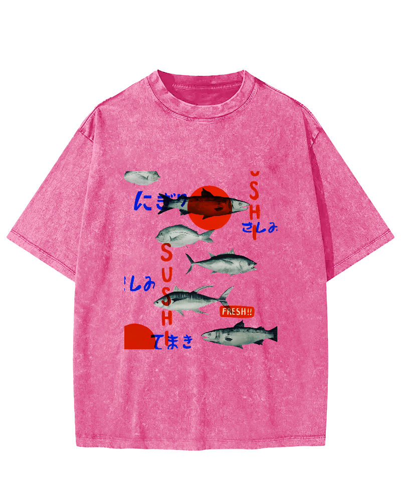 Japanese Sea Fish Pattern Vintage Distressed T-shirt-Zazasy