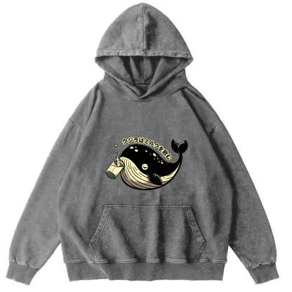 Japanese Whale Pattern Vintage Distressed Hoodie-Zazasy