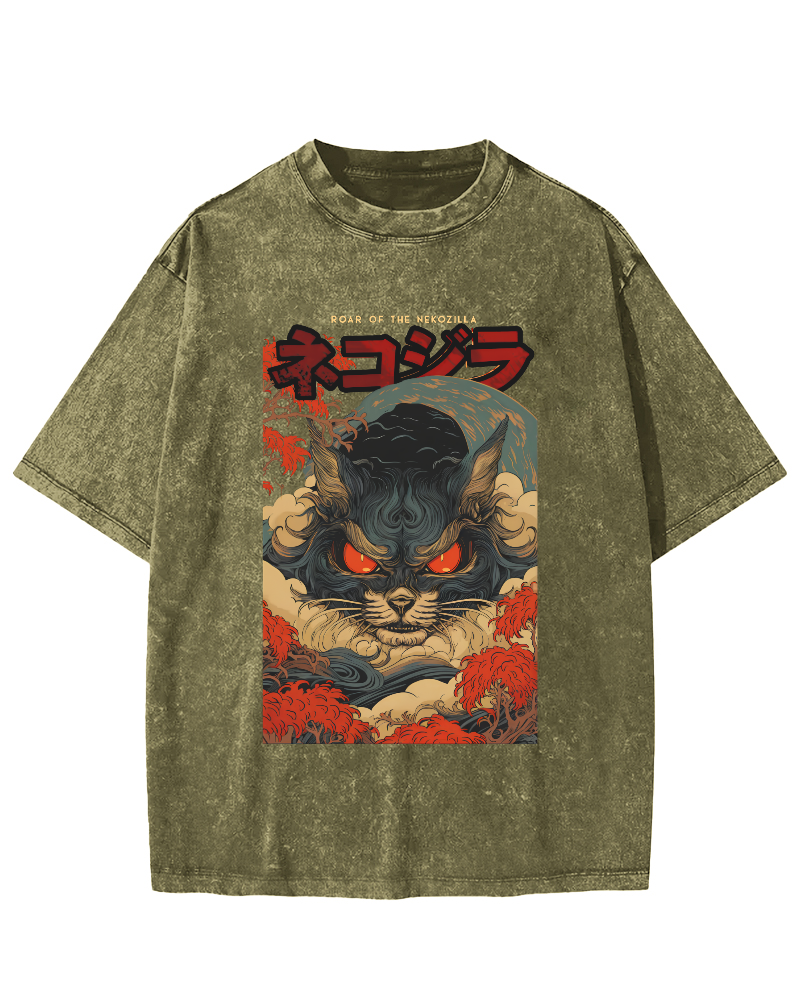Monster Cat Japanese Style Vintage Washed T-shirt-Zazasy