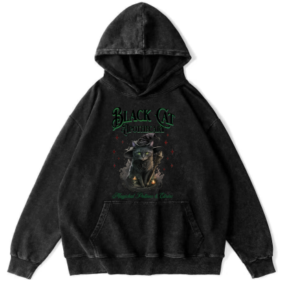Black Cat Vintage Washed Hoodie-Zazasy