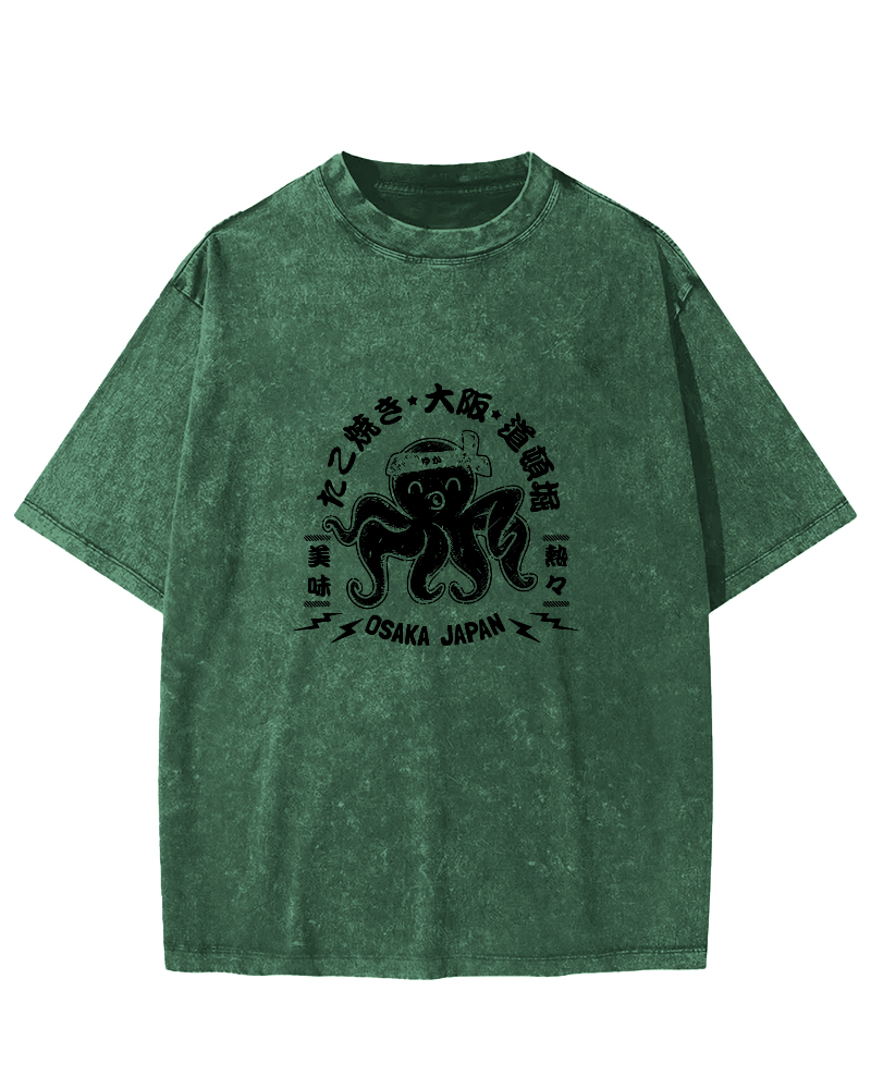 Japanese Script Octopus Pattern Vintage Distressed T-shirt-Zazasy