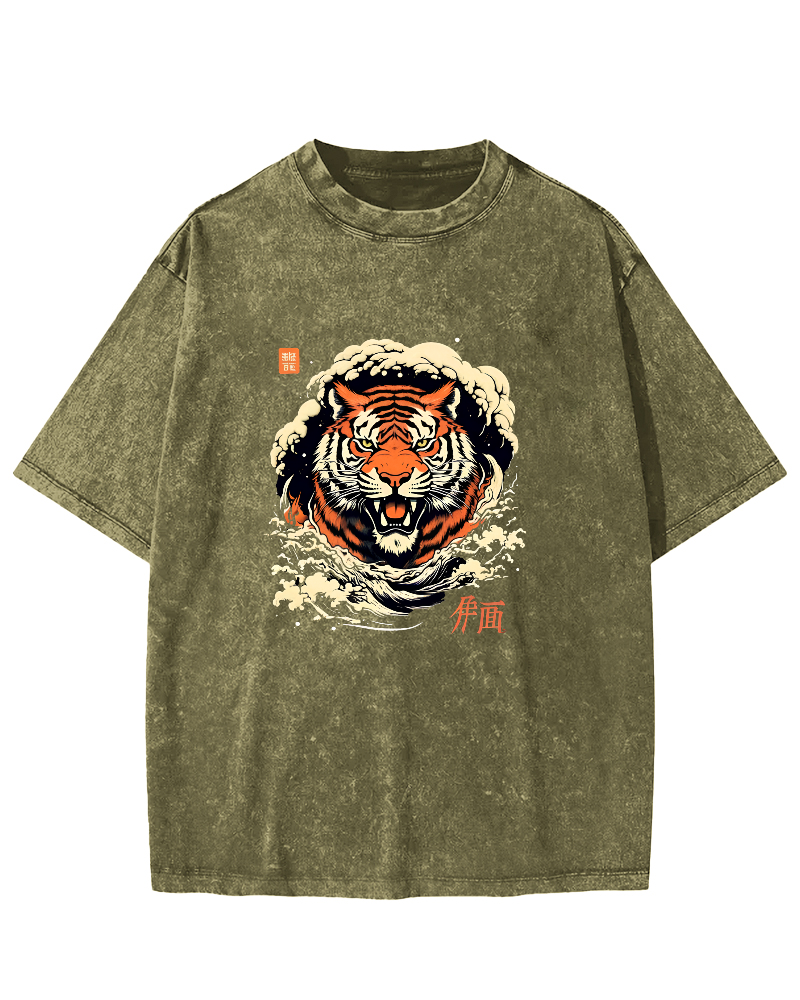 Japanese Tiger Head Pattern Vintage Distressed T-shirt-Zazasy