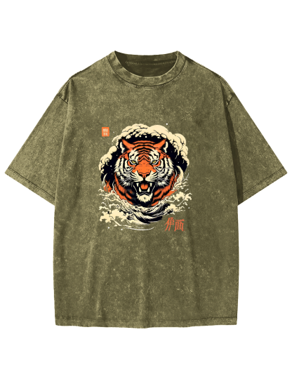 Japanese Tiger Head Pattern Vintage Distressed T-shirt-Zazasy