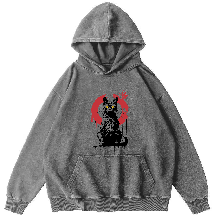 Japanese Style Cat Vintage Distressed Hoodie-Zazasy