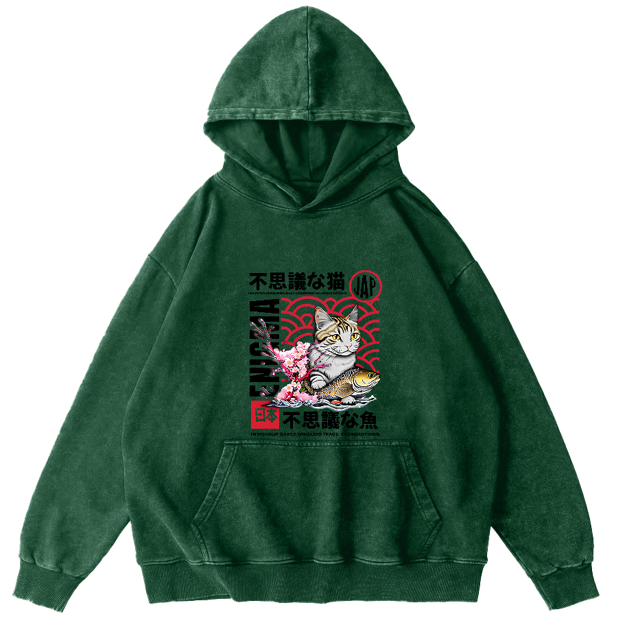 Japanese Cat Pattern Vintage Distressed Hoodie-Zazasy