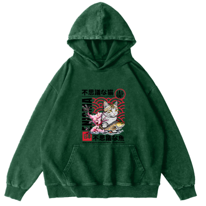 Japanese Cat Pattern Vintage Distressed Hoodie-Zazasy