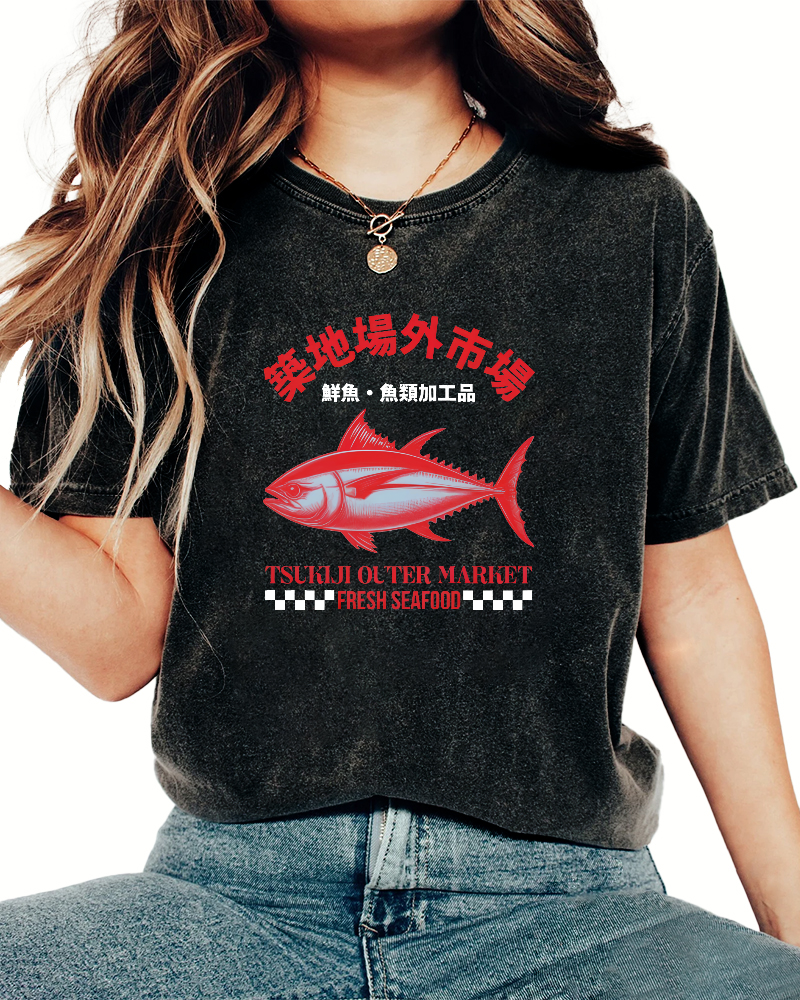 Japanese Sea Fish Script Vintage Distressed T-shirt-Zazasy