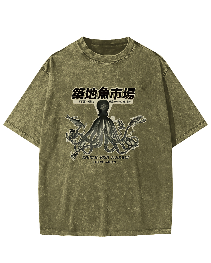 Japanese Octopus Pattern Vintage Distressed T-shirt-Zazasy