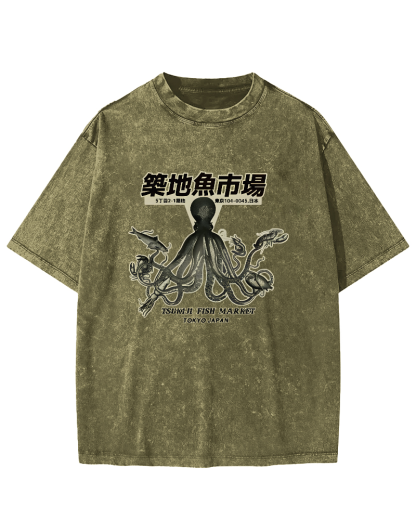 Japanese Octopus Pattern Vintage Distressed T-shirt-Zazasy