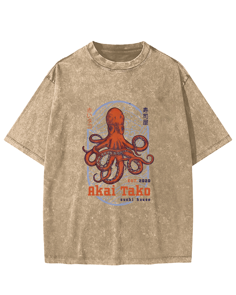 Retro Octopus Japanese Style Vintage Distressed T-shirt-Zazasy