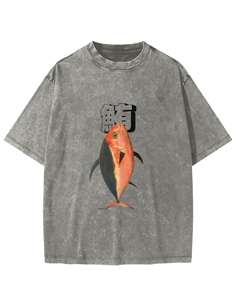 Japanese Ocean Fish Pattern Vintage Distressed T-shirt-Zazasy