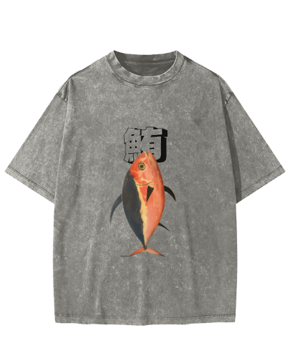 Japanese Ocean Fish Pattern Vintage Distressed T-shirt-Zazasy