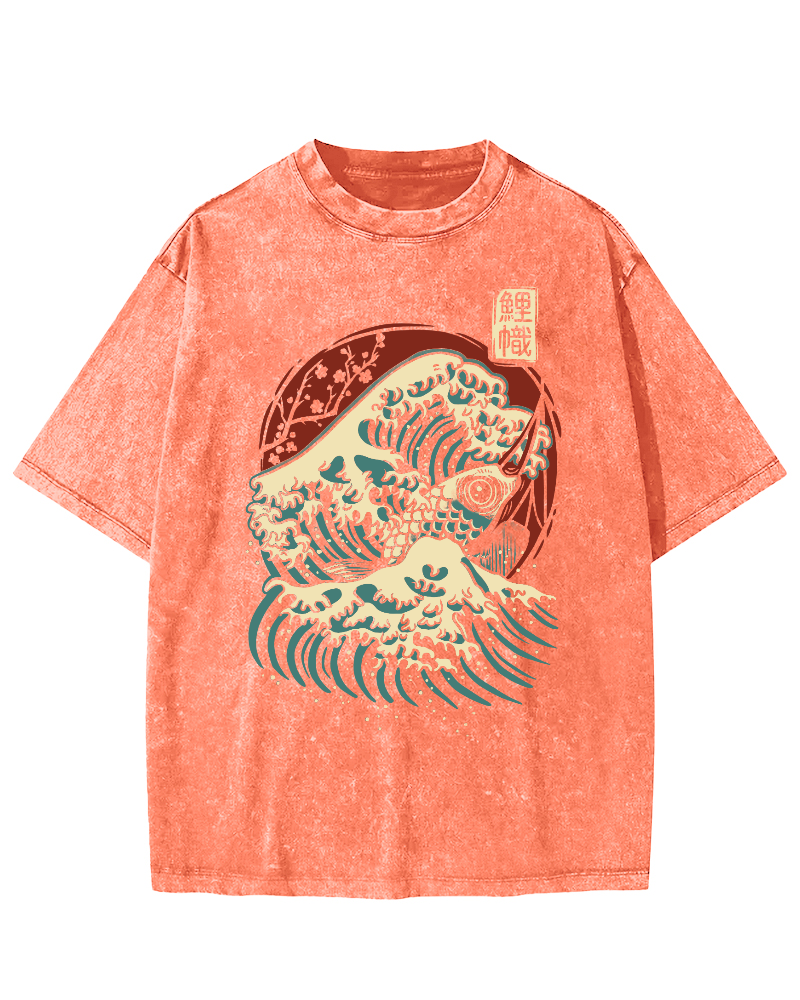 Koi Fish Wave Japanese Style Vintage Washed T-shirt-Zazasy