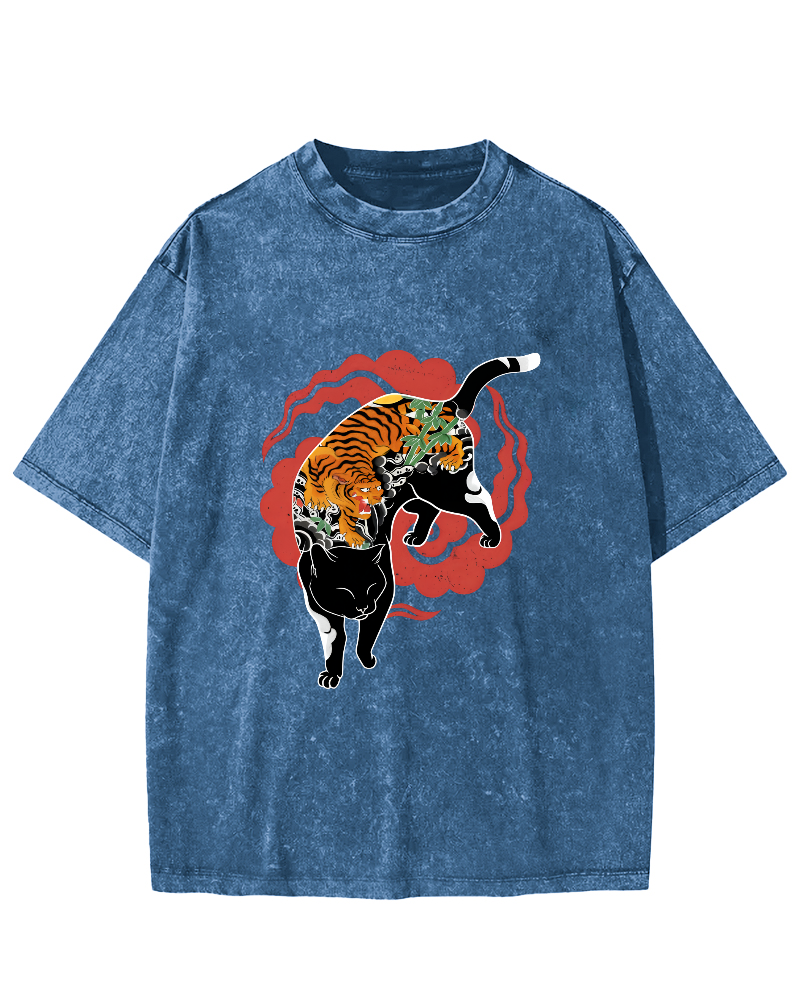 Tiger and Cat Pattern Vintage Distressed T-shirt-Zazasy