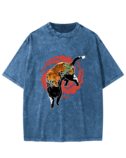 Tiger and Cat Pattern Vintage Distressed T-shirt-Zazasy