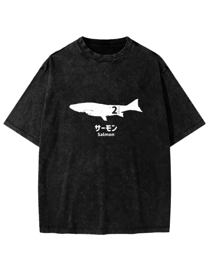 Japanese Script Shark Pattern Vintage Distressed T-shirt-Zazasy