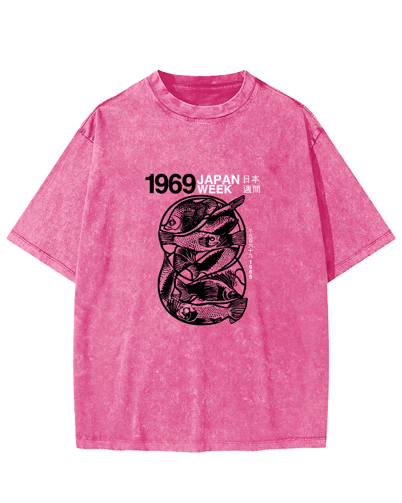 Japanese Script Fish Pattern Vintage Distressed T-shirt-Zazasy