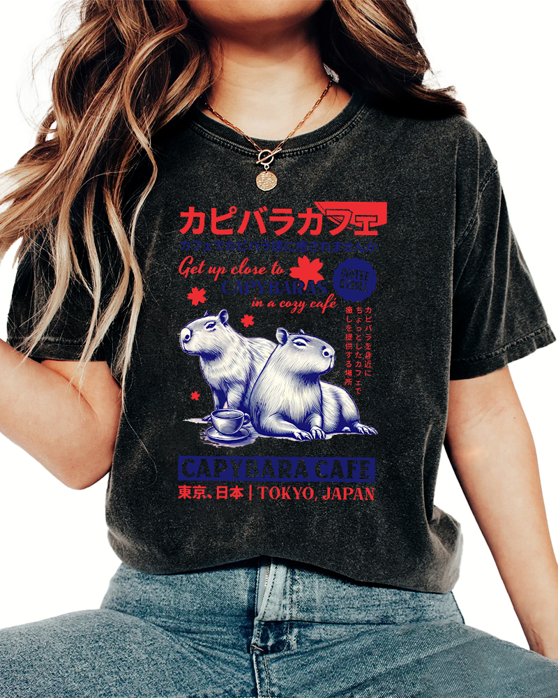 Kyoto Japanese Retro Style Animal Pattern Vintage Washed T-shirt-Zazasy