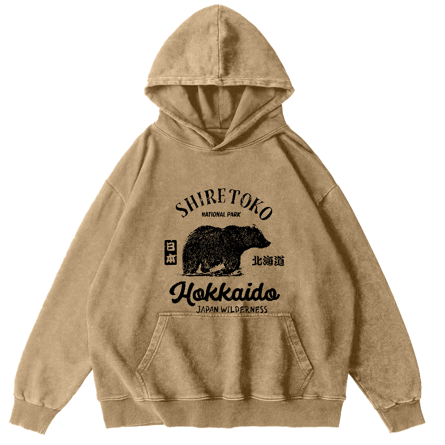 Japanese Writing Bear Pattern Vintage Distressed Hoodie-Zazasy