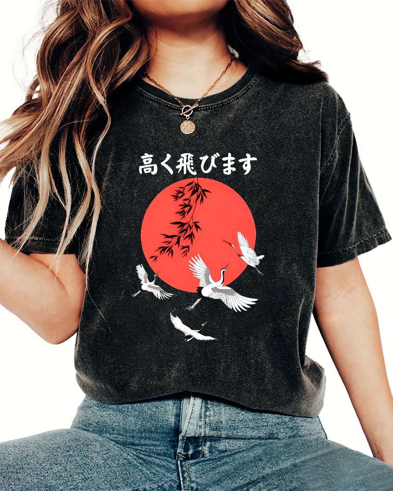 Flying Crane Japan Vintage Washed T-shirt-Zazasy