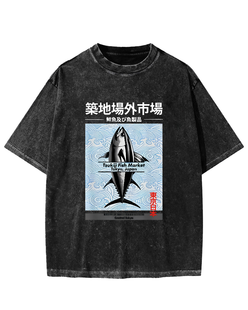 Tokyo Tsukiji Off Market, Japan Vintage Washed T-shirt-Zazasy