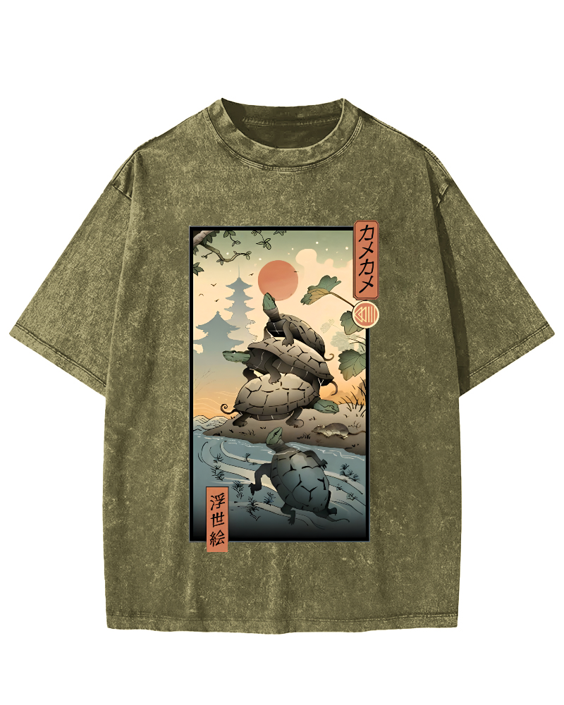 Ukiyoe Turtle Japanese Vintage Washed T-shirt-Zazasy