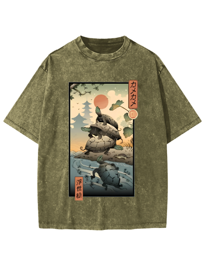 Ukiyoe Turtle Japanese Vintage Washed T-shirt-Zazasy
