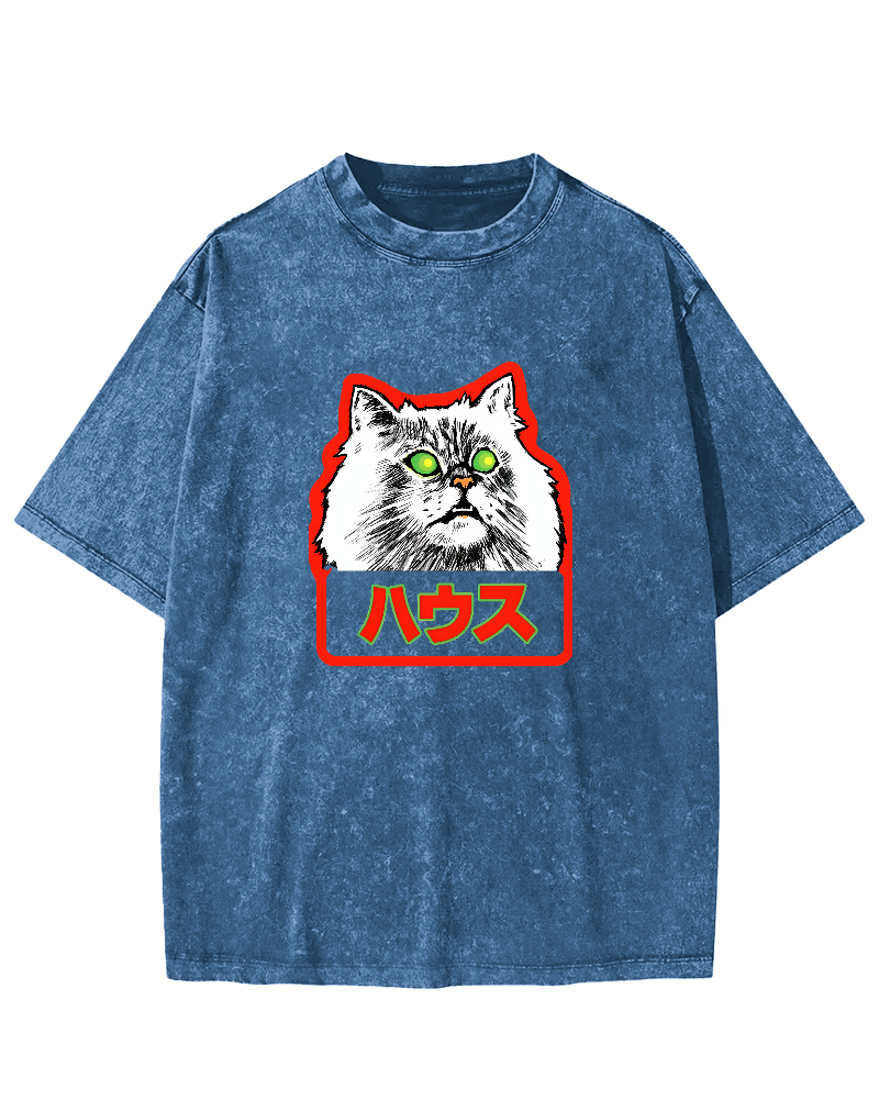 Residential White Cat Japanese Washed T-Shirt-Zazasy