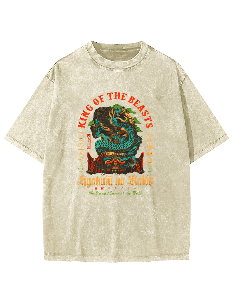 Japanese Mythological Dragon Pattern Vintage Distressed T-shirt-Zazasy