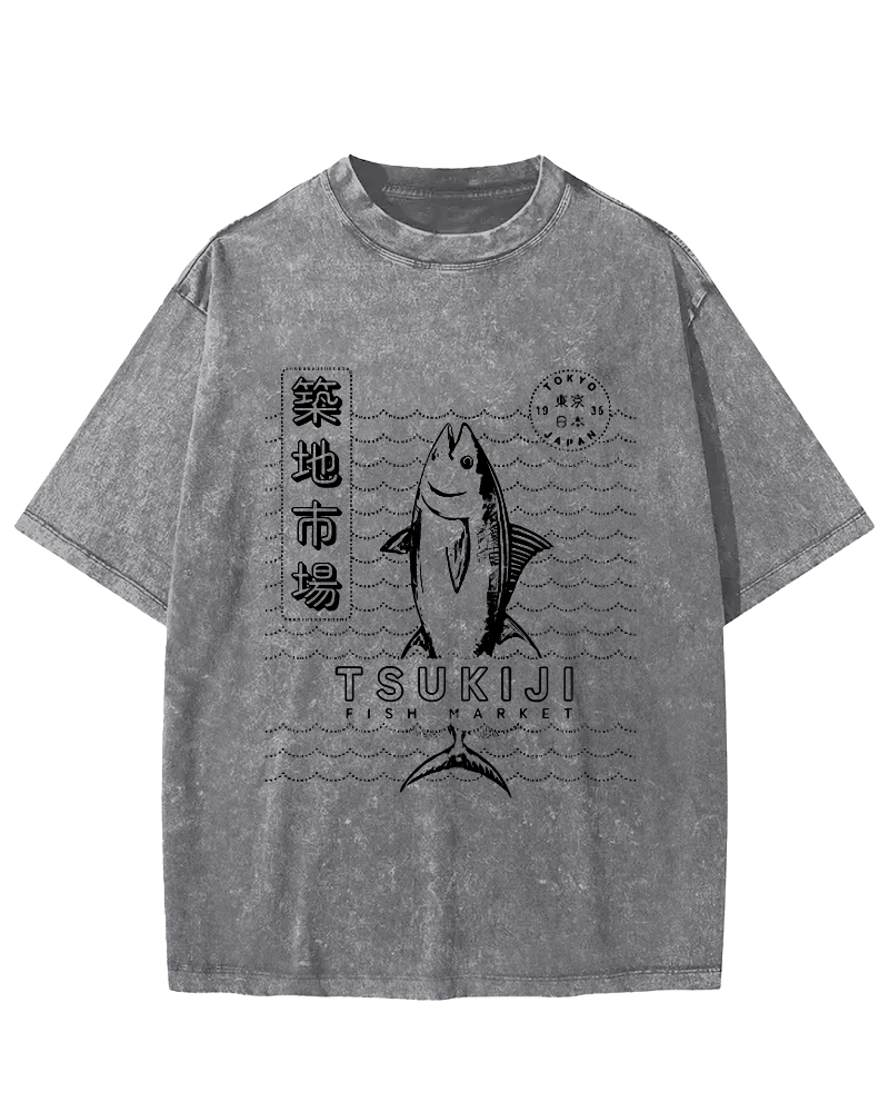 Tuna at Tsukiji Market in Tokyo, Japan Vintage Washed T-shirt-Zazasy