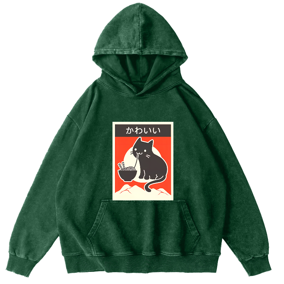 Noodle Loving Cat Patterned Washed Hoodie-Zazasy