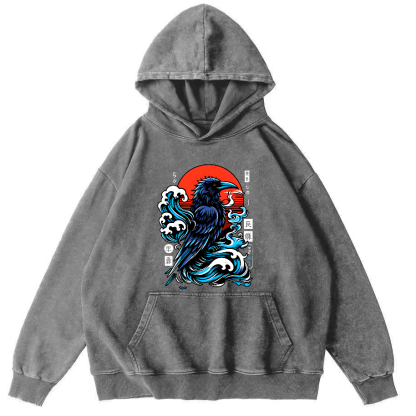Crows In The Waves Vintage Distressed Hoodie-Zazasy