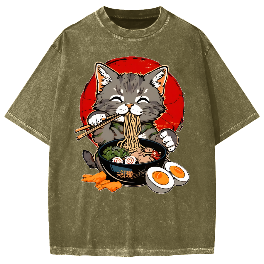 Japanese Anime Cat Eating Ramen Vintage Washed T-shirt