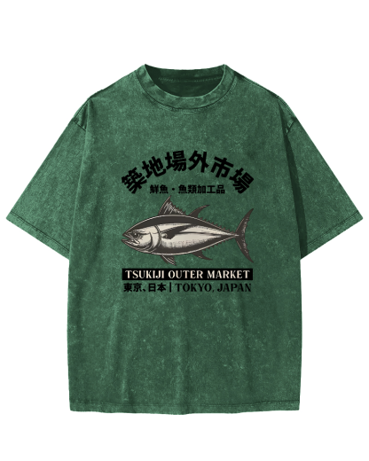 Japanese Style Tuna Pattern Vintage Distressed T-shirt